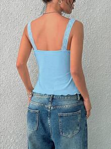 SHEIN EZwear Áo camisole ôm dáng cổ chữ V, nơ, viền ren xanh dương dành cho nữ. - Màu xanh lam - Xem 2