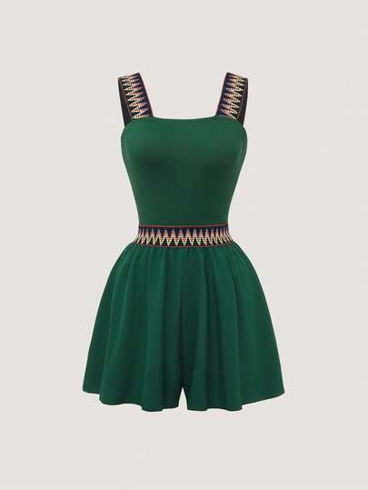 Olithes Casual Sleeveless Jumpsuit With Thick Straps, Versatile Short Green Dress Green Romper Women Dress Romper Skater Dress