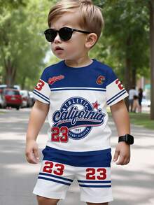 2 Stücke Baby Jungen Grafik Buchstaben & Nummer 23 gestreifter sportlicher Kurzarm T-Shirt und Shorts Set, Lässig Mode, Lustiges Muster, geeignet für Sommersport Outdoor, weich und bequem Kleinkind Jungen Rundhals T-Shirt + Shorts Outfit - Verschiedenfarbig - Übersicht 4