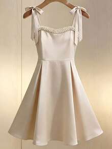 GlowEve 夏季新款度假连衣裙，缎面面料，系带珍珠装饰A字裙，杏色连衣裙，优雅女士连衣裙，优雅女士套装，女士夏季套装，优雅派对连衣裙，女士婚礼宾客礼服 - 杏色 - 查看 1