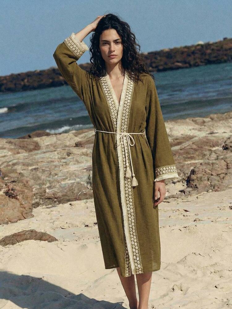 SHEIN Maija Elegant Minimalist Tassel Trim Rhinestone Decor Tie Front Long Sleeve Cover Up,Vacation Outfits Women,Summer Holiday Outfits ,Beach Vacation Outfits For Women Matcha Moroccan Kaftan Dress Beach Cover Up Women Resort Wear Women Olive Green Earthy Clothes Women Holiday Outfits For Women Beach Wear Women Cover Up Beach Cover Up Women's Holiday Clothes Cover Ups For Swimwear