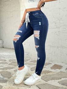 SHEIN Quần jean nữ dáng skinny rách, cạp chun, đa năng, phong cách thường ngày. - Rửa tối - Xem 4
