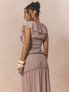 MUSERA Deep V Ruffled Neckline Hem Fitted Crinkled Sleeveless Top Coord Top Only Cute Spring Holiday Girly Sugar Salt - Dusty Purple - View 4