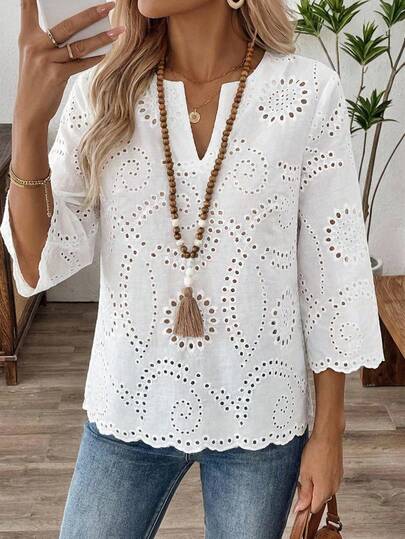EMERY ROSE Women's Hollow Out Embroidery V-Neck 3/4 Sleeve Casual Shirt For Vacation Casual Blouse For Women Casual For Women White Blouse