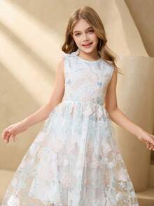 Tween Girl Floral Embroidered Mesh Round Neck Sleeveless Dress - White - View 4