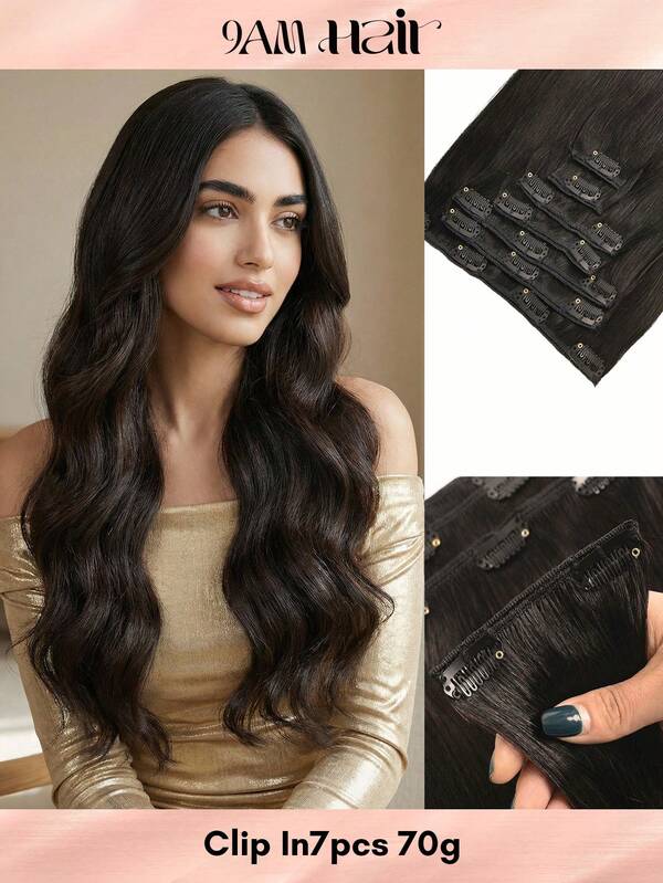 Straight Human Hair Clip In Hair Extensions For Full Head Brazilian Virgin Hair Natural Black Color, 7Pcs With 16Clips, 70-80 Gram