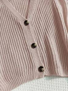 SHEIN EZwear Plus Size Women's Solid Color Drop Shoulder Long Sleeve Casual Knit Cardigan, Pink - Pink - View 5