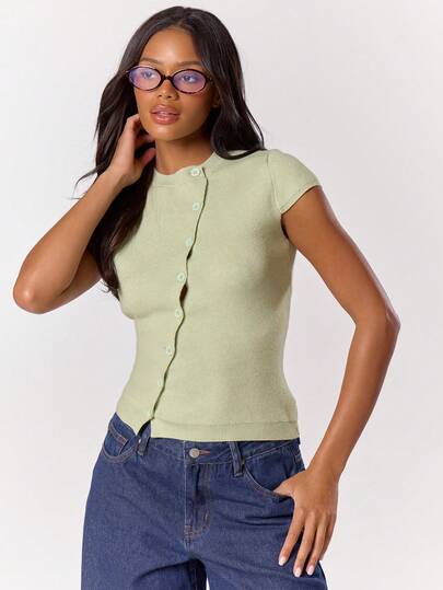 MUSERA Blusa ajustada con botones y manga asimétrica de punto, estilo lindo Y2K para aeropuerto, primavera, Y2K, años 90, casual, lindo, vacaciones, verano, otoño, invierno, uso diario, trabajo, oficina, elegante