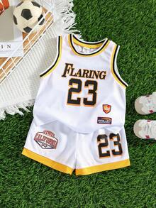 SHEIN Bộ đồ thể thao mùa hè cho bé trai gồm áo tank top dệt kim in chữ dễ thương và quần short cạp chun, kiểu dáng đồng phục bóng rổ. - Nhiều màu - Xem 3