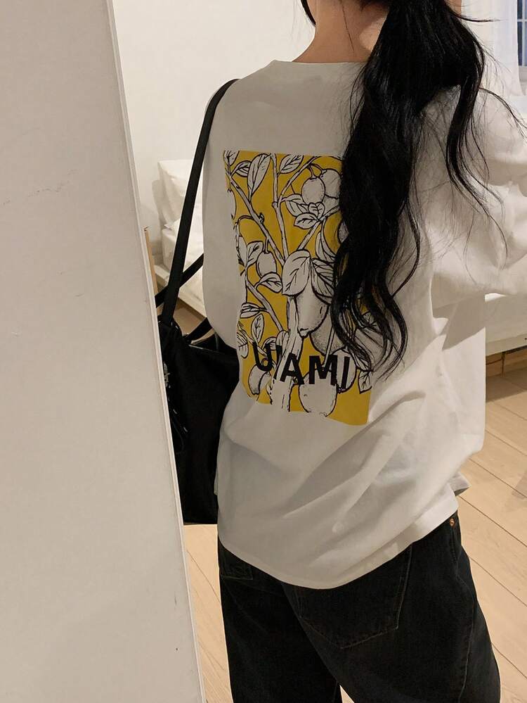 Women's Letter & Plant Pattern Round Neck Dropped Shoulder Casual Loose T-Shirt