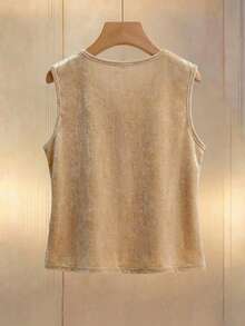 Franclia Women's Elegant Apricot Summer Velvet Glossy Beaded Round Neck Sleeveless Top,Sweet Tea Party Top,Luxury Casual Commuter Office Wear,Fashion - Khaki - View 2
