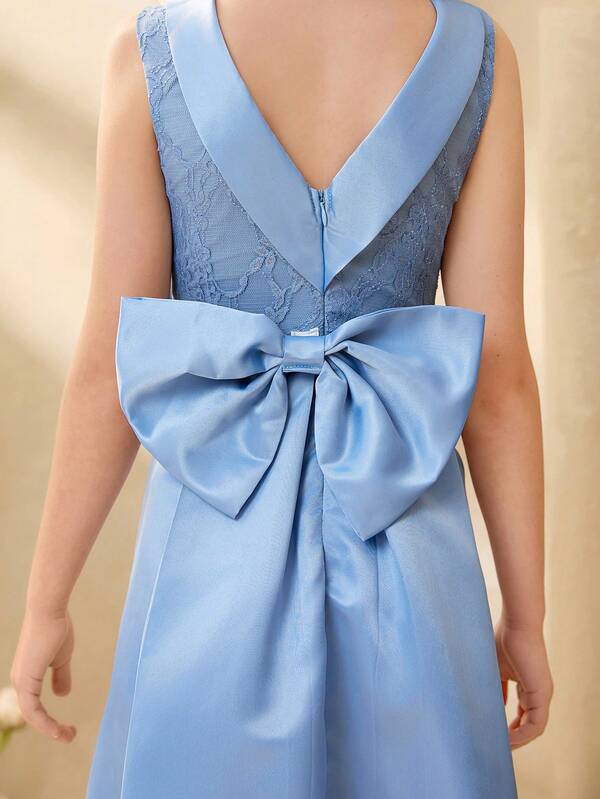 Tween Girl Elegant Blue Lace Bow Sleeveless Long Fitted Dress, Suitable For Evening Party, Christmas, Halloween, Wedding, Prom, Graduation, Back To School And Other Occasions