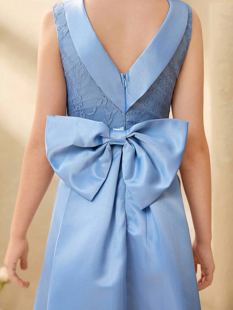 Tween Girl Elegant Blue Lace Bow Sleeveless Long Fitted Dress, Suitable For Evening Party, Christmas, Halloween, Wedding, Prom, Graduation, Back To School And Other Occasions - Blue - View 7