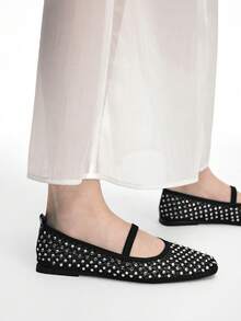 Mnmlis 女士网眼水钻单带玛丽珍芭蕾平底鞋，适合通勤、Y2K、朋克、时尚女孩、万圣节、圣诞节和派对装扮 - 黑色 - 查看 10