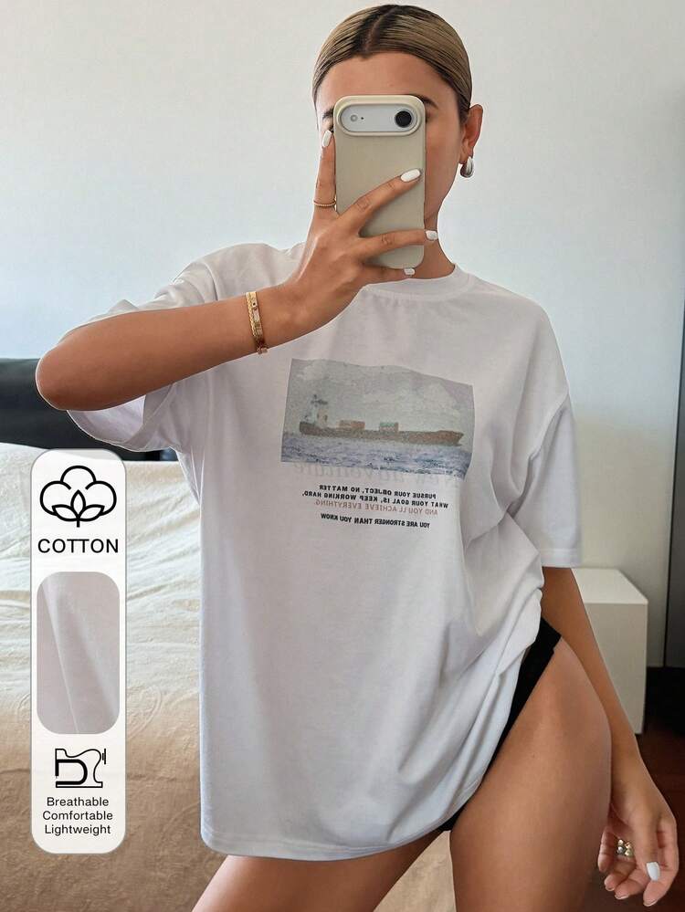 Women's Loose Fit Cotton Casual T-Shirt With Easter White Pattern Print, Solid Color, Suitable For Summer Vacation Y2k Graphic Tees Women