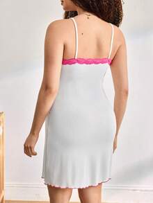 Moonlight&Mama Maternity Contrast Lace Ribbed Camisole Nightgown - White - View 2