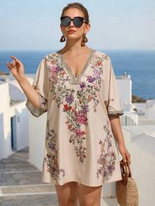 EMERY ROSE Elegant Plus Size Women's Short Boho Dress With V Neck Floral Print Batwing Sleeves For Resort Wear - Multicolor - View 5