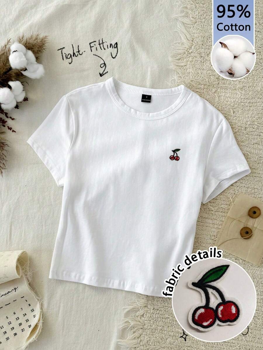 Tseoso Women's Casual Fitted Short Sleeve T-Shirt, 95% Cotton, Cherry Embroidery - Multicolor - View 1