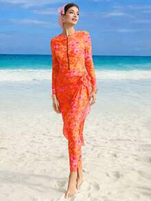 Swim Shayni 女士印花长袖拉链连体泳衣套装，含罩衫和裙子，度假款 - 橘色 - 查看 9