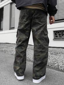 Artur Kramer Jeans anchos de camuflaje con múltiples bolsillos y efecto desgastado, de corte holgado y casual para hombre - Verde militar - Ver 2