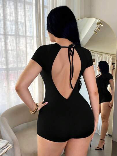 SHEIN SXY 黑色露背休闲运动紧身短袖连体裤