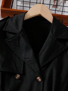SHEIN 1 pieza Chaqueta larga con solapa tejida, doble botonadura y cinturón de moda para niñas, adecuada para primavera, otoño e invierno, para uso al aire libre, viajes, estilo callejero, casual, en casa y para ir al trabajo - Negro - Ver 5