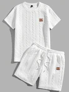 AXEPEAK 男士基本款纯色针织休闲补丁短袖两件套夏季服装，街头风版 - 白色 - 查看 5