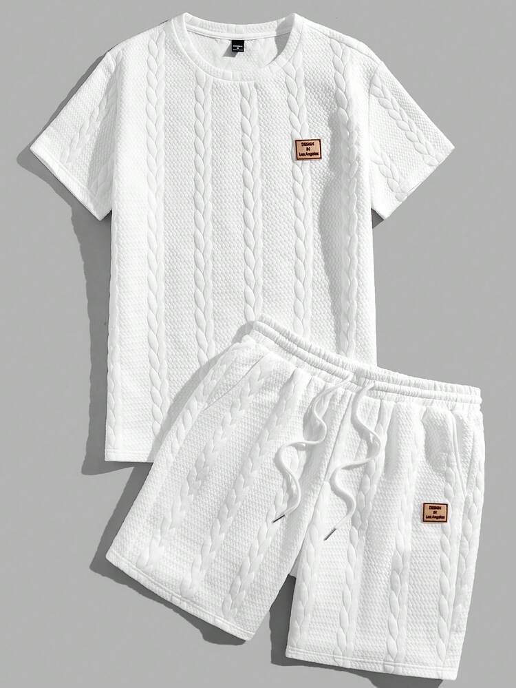 AXEPEAK Conjunto de dos piezas básico de punto liso, casual, con parches y manga corta para hombre, edición de ropa urbana de verano - Blanco - Añade 5