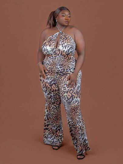 CurvyTilda 2025 Primavera, Verano, Otoño, Invierno Nuevo Festival de Música, Pascua, Estilo Occidental, Nómada, Fiesta de Cumpleaños, Casual, Ocio, Crucero, Playa, Tomar el Sol, Sensación Viral de Alta Elasticidad Sexy Fiesta Estampado Animal (Leopardo, Tigre), Pantalones Acampanados Largos, Mono Talla Grande con Guantes