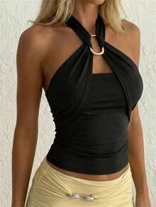 Aloruh 女士优雅金属扣装饰收腰褶皱系带露背上衣，春季女装，外出上衣，夏季上衣，夏季度假装 - 黑色 - 查看 3