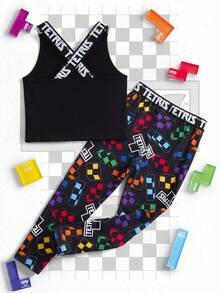 Tetris™ X SHEIN 女童字母爱心印花T恤和裤子休闲套装 - 黑色 - 查看 2
