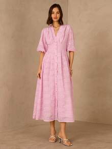 Enchnt 女士夏季度假镂空刺绣腰部荷叶袖连衣裙 - 粉色 - 查看 6