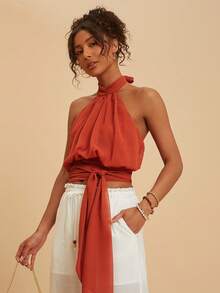 Travachic Women's Halter Neck Tie Strap Sleeveless Tank Top - Orange - View 3
