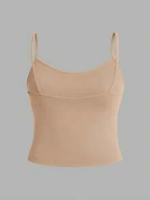 SHEIN EZwear Regata Cropped Casual Sexy Cáqui para Verão, Top Regata Slim Fit Plus Size para Mulheres - Caqui - Visão 2