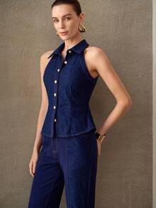 MOTF PREMIUM 女士时尚简约蕾丝拼接牛仔上衣和牛仔裤套装 - 藍色 - 查看 7