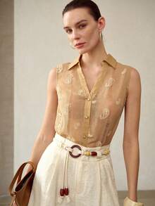 MOTF PREMIUM Blusa semitransparente sin mangas con cuello en V, botones y bordado de paisley - Albaricoque - Ver 4