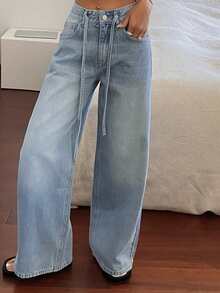 DAZY Celana Jeans Wanita Regular Pinggang Sedang Dekoratif Kasual Potongan Lurus Y2k - Light Wash - View 3