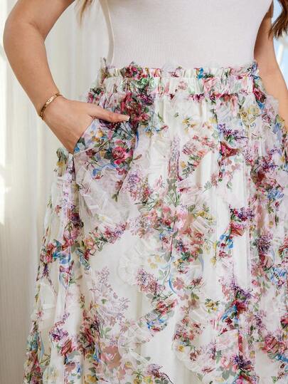 Reflora Plus Size Women Floral Print Elegant Skirt, Suitable For Vacation