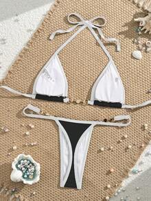 Swim Vcay Traje de baño para mujer de verano, diseño de bloques de color con borde, conjunto de bikini de dos piezas, para festival de música, playa, chica de playa, bikini, sexy - Negro - Ver 3