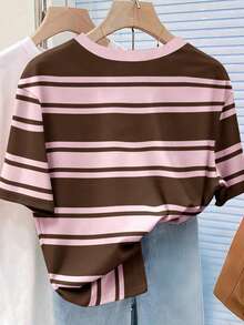 EMERY ROSE Women's Striped Short-Sleeved T-Shirt, Casual Outdoor Wear, Loungewear - Pink - View 2