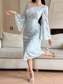 DAZY Women's Elegant Lace Asymmetric Ruched Long Dress, Spring/Summer Sundress - Baby Blue - View 6