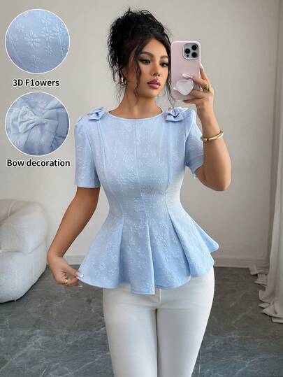 Elenzga Women's Elegant Floral Textured Tie Collar Petal Sleeve Fitted Casual Blouse, Suitable For Summer Outings, Dates, New Year, Valentine's Day, Easter, Mother's Day, Music Festivals, Middle Eastern Weddings, Commuting, Romantic Vacations, Light Blue