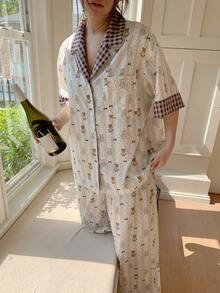 Dazy Plus Plus Size Dropped Shoulder Short Sleeve Button Front Bear Graphic Loose Pajama Set - Khaki - View 8