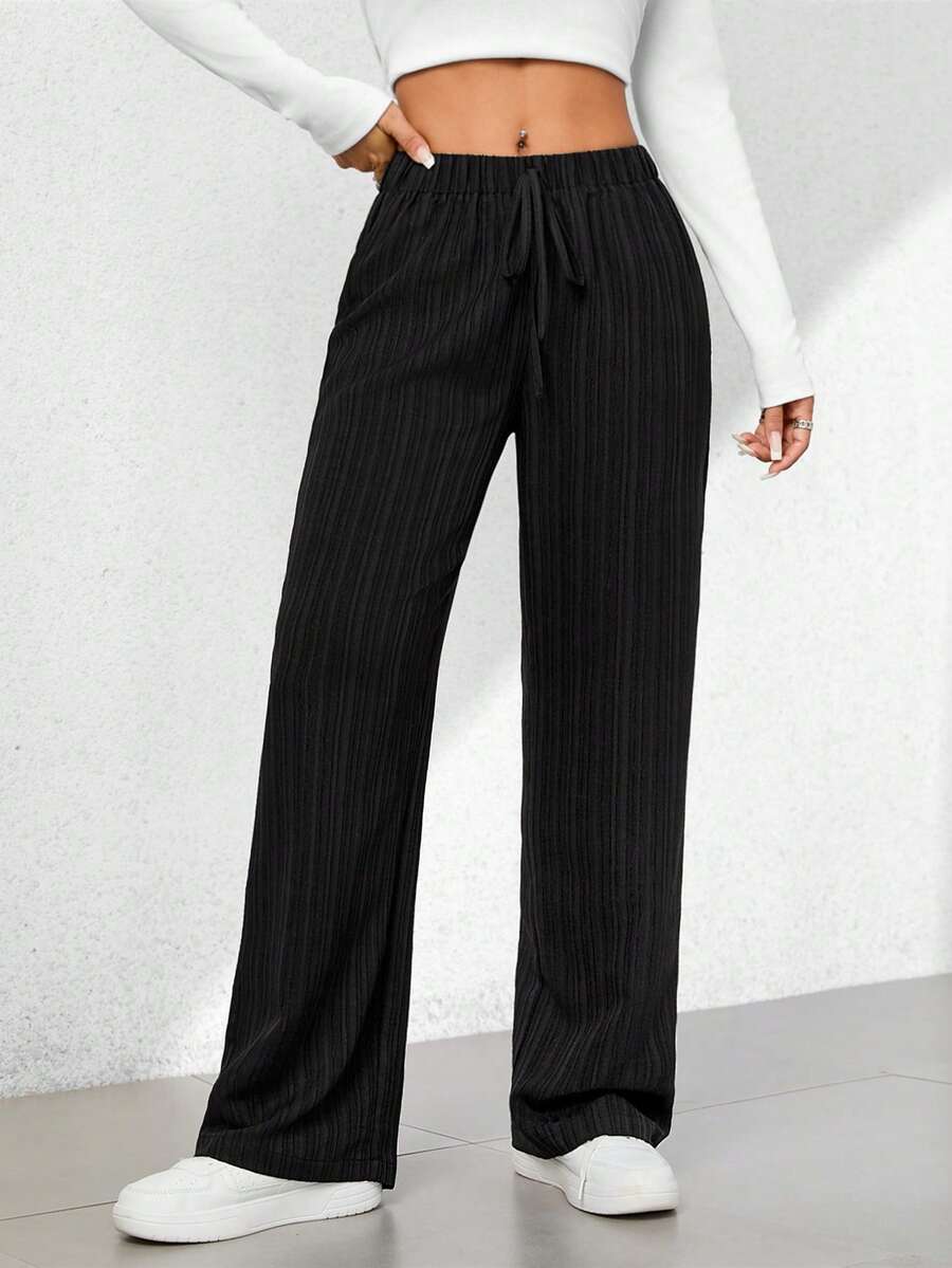 SHEIN PETITE Summer Casual Textured Wide-Leg Capri Pants - Black - View 1