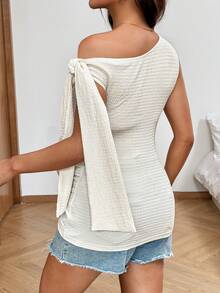 SHEIN Blusa de maternidade de cor sólida com detalhe torcido na frente e ombros franzidos - Damasco - Ver 3