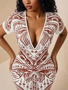 Eryvara 新款时尚印花V领褶皱修身连衣裙 - 彩色 - 查看 5