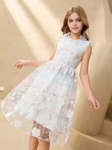 Tween Girl Floral Embroidered Mesh Round Neck Sleeveless Dress - White - View 3