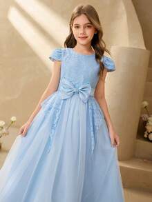 Girls' Luxury Niche High-End Hostess Birthday Performance Dress, Piano Recital Runway Princess Gown, Elegant Tulle Maxi Dress - Blue - View 3
