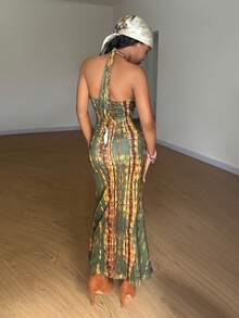 StreetHx Women's Tie-Dye Print Fitted Fishtail Hem Halter Neck Dress,Vacation Outfits Women ,Afro Boho Outfits - Olive Green - View 2