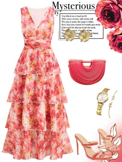 Ellevyn Vestido vintage romántico con estampado floral naranja y volantes en el bajo